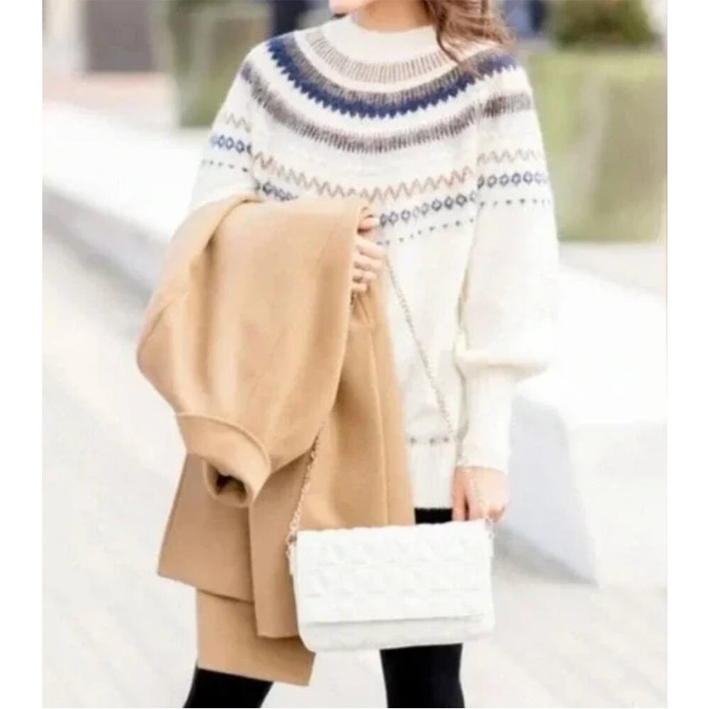 J Crew sweater Women's Fair Isle yoke puff-sleeve neutral classic traditional